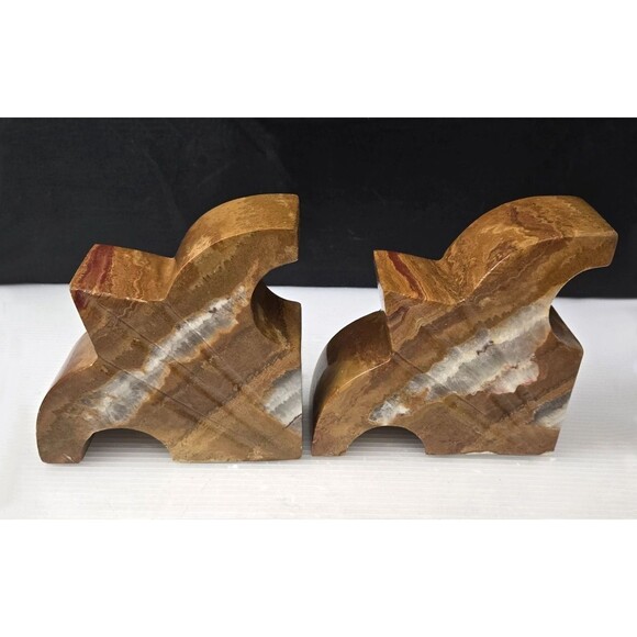 il_1080xN.7069338736_sy7w.jpg Vintage Banded Onyx Stone Fleur-de-Lis Bookends Hand-Carved Natural Stone MCM 5”